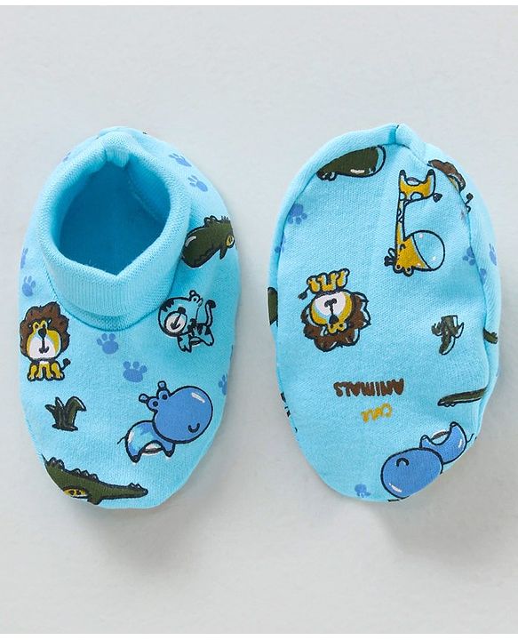 Babyhug 100% Cotton Printed Cap Mittens & Booties Set - Blue