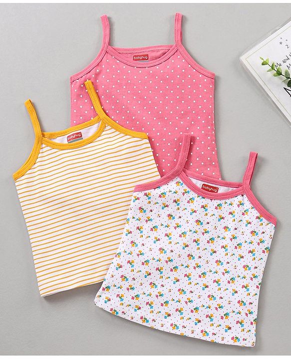 Babyhug 100% Cotton Sleeveless Slips Multi Prints Pack of 3 - Pink Orange White