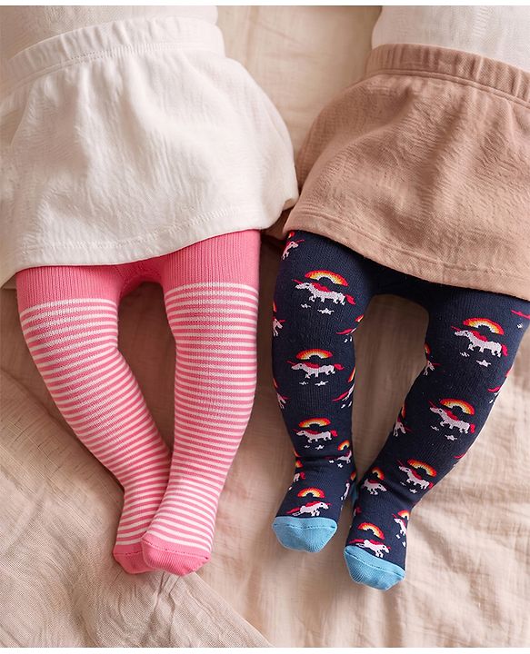Cute Walk by Babyhug Full Length Anti-Bacterial Tights Pack of 2 - Pink Navy
