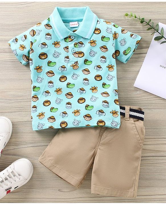 Babyhug Half Sleeves Tshirt And Bottomwear Set Animal Print - Blue AOP Beige