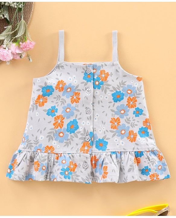 Babyhug Singlet Printed Tee With Frill Detailing - Grey