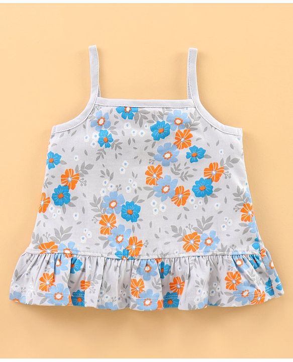 Babyhug Singlet Printed Tee With Frill Detailing - Grey