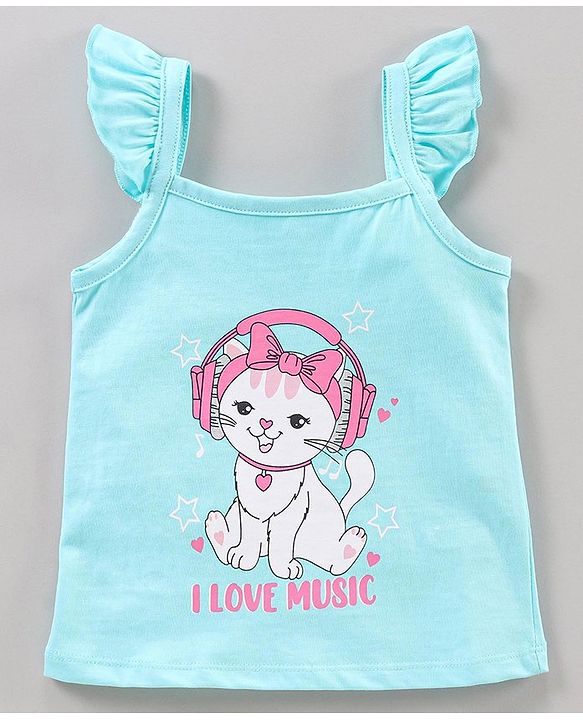 Babyhug Flutter Sleeves Top Kitty Print - Light Blue
