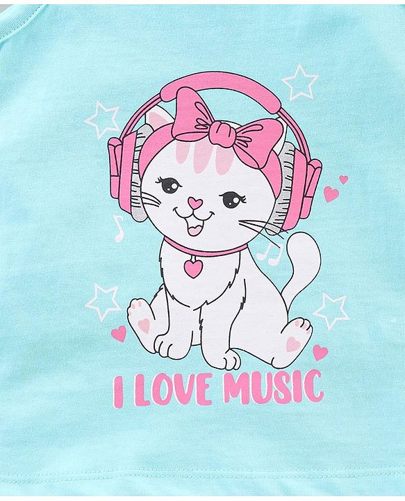 Babyhug Flutter Sleeves Top Kitty Print - Light Blue