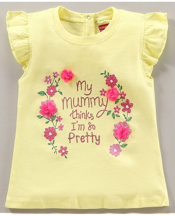 Babyhug Short Sleeves Cotton Top with Floral Corsage and Print - Yellow