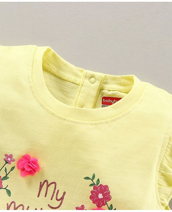 Babyhug Short Sleeves Cotton Top with Floral Corsage and Print - Yellow