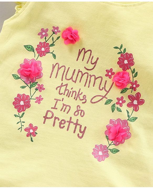 Babyhug Short Sleeves Cotton Top with Floral Corsage and Print - Yellow