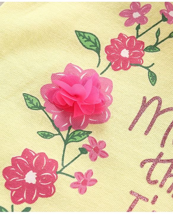 Babyhug Short Sleeves Cotton Top with Floral Corsage and Print - Yellow