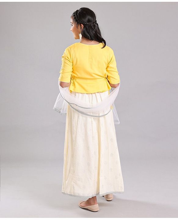 Pine Kids 3/4th Sleeves Embroidered Choli with Printed Lehenga - Yellow Silver