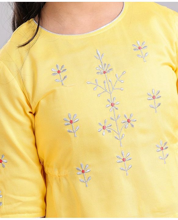 Pine Kids 3/4th Sleeves Embroidered Choli with Printed Lehenga - Yellow Silver