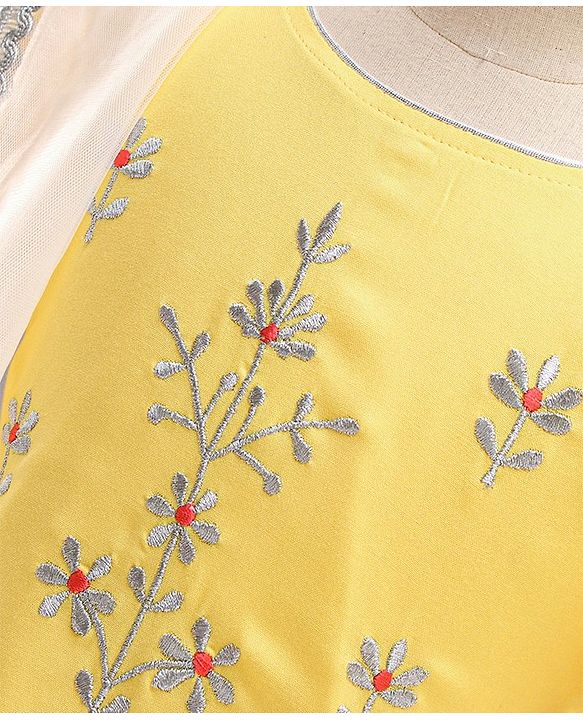 Pine Kids 3/4th Sleeves Embroidered Choli with Printed Lehenga - Yellow Silver
