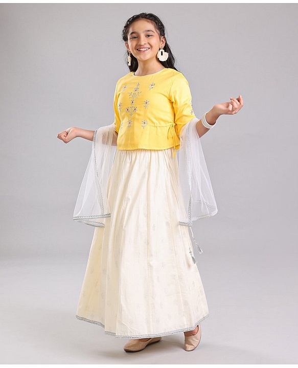 Pine Kids 3/4th Sleeves Embroidered Choli with Printed Lehenga - Yellow Silver