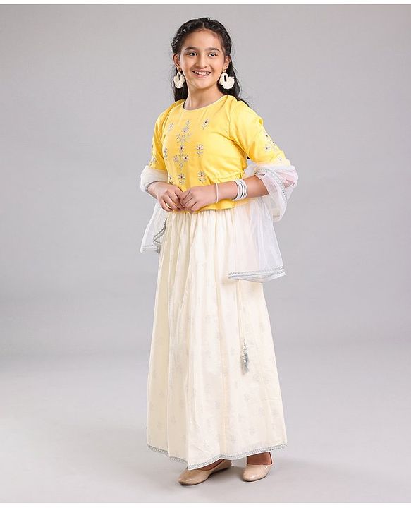 Pine Kids 3/4th Sleeves Embroidered Choli with Printed Lehenga - Yellow Silver