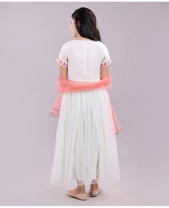 Pine Kids Half Sleeves Embroidered Choli & Lehenga Set With Dupatta - White