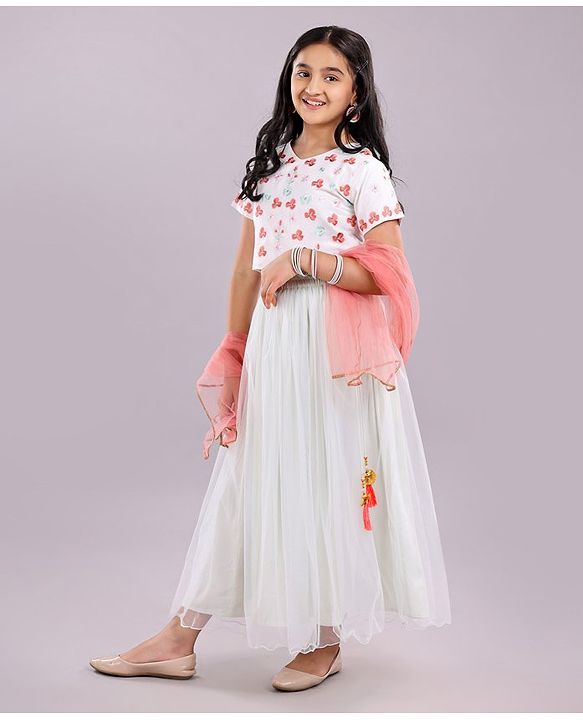 Pine Kids Half Sleeves Embroidered Choli & Lehenga Set With Dupatta - White