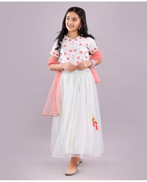 Pine Kids Half Sleeves Embroidered Choli & Lehenga Set With Dupatta - White