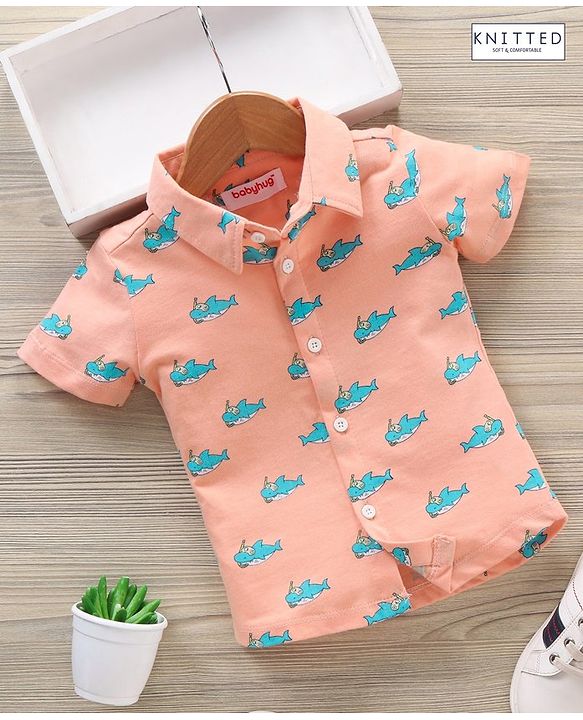 Babyhug Half Sleeves Knitted Shirt Shark Print - Orange