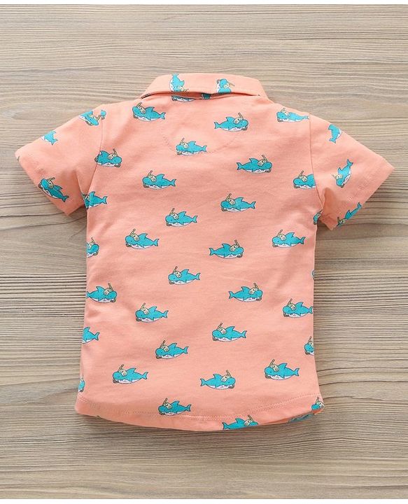 Babyhug Half Sleeves Knitted Shirt Shark Print - Orange