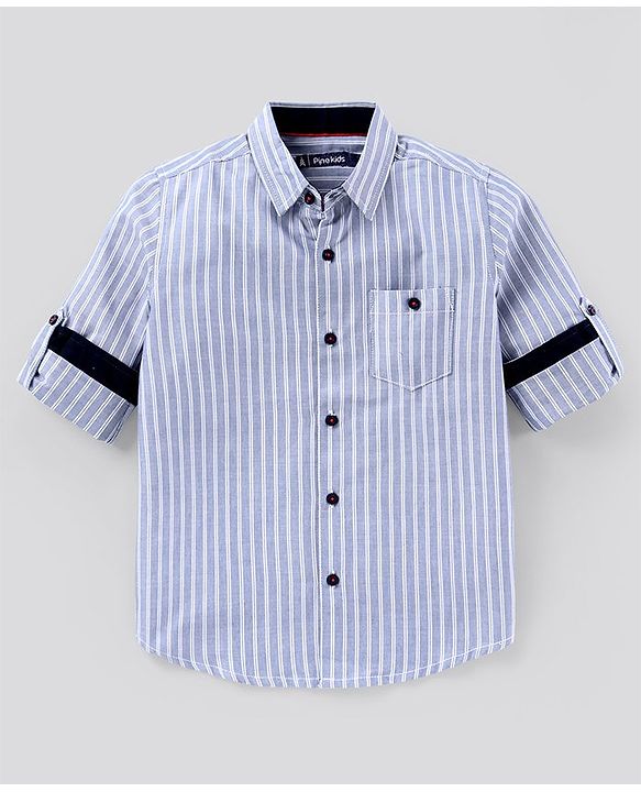 Pine Kids Full Sleeves Striped Shirt Softener Wash - Grey White