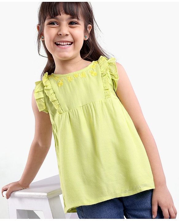 Babyhug Sleeveless Cotton Top with Lace Detailing and Floral Embroidery - Light Green