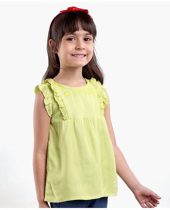 Babyhug Sleeveless Cotton Top with Lace Detailing and Floral Embroidery - Light Green