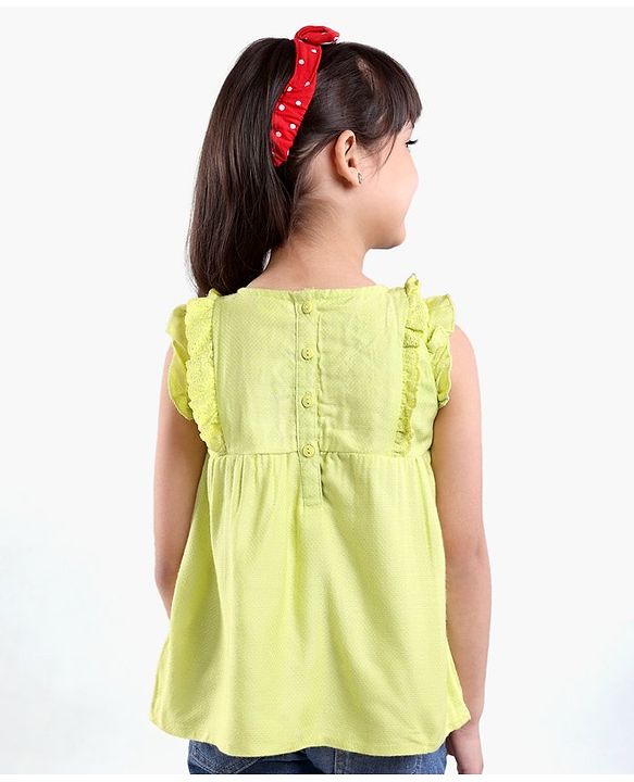 Babyhug Sleeveless Cotton Top with Lace Detailing and Floral Embroidery - Light Green