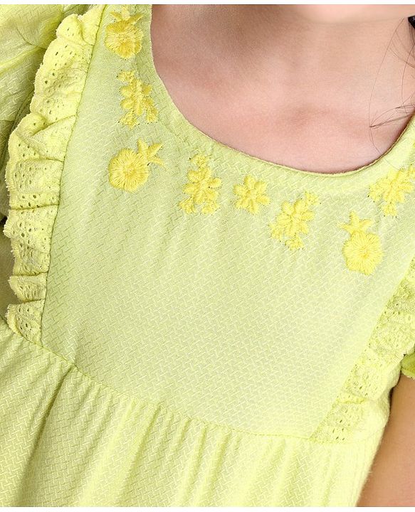 Babyhug Sleeveless Cotton Top with Lace Detailing and Floral Embroidery - Light Green