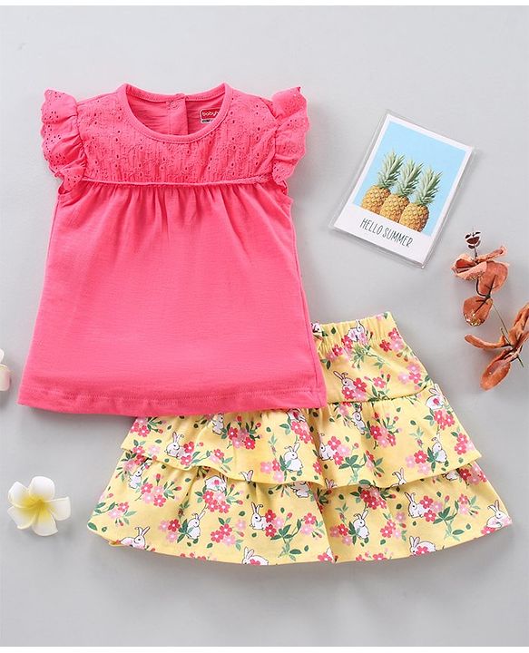 Babyhug Frill Sleeves Top And Floral Printed Skirt Set - Pink