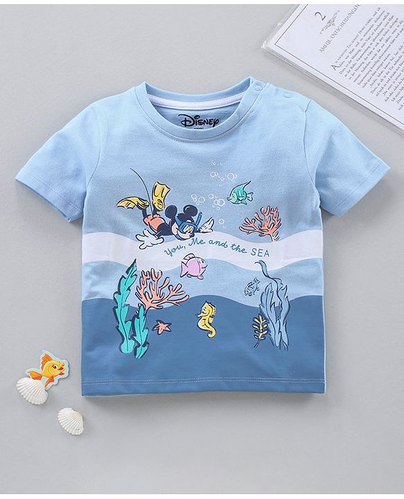 Babyhug Half Sleeves Tee Mickey Mouse Print - Sky Blue