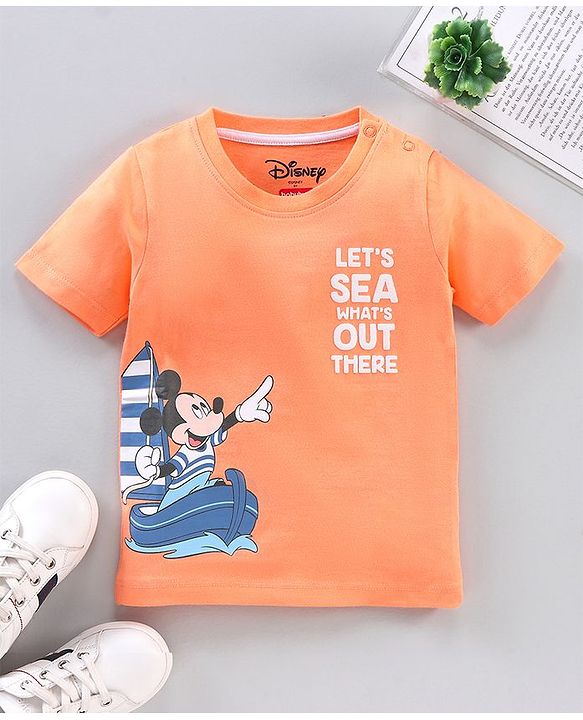 Babyhug Half Sleeves T-Shirts Micky Mouse Print - Light Orange