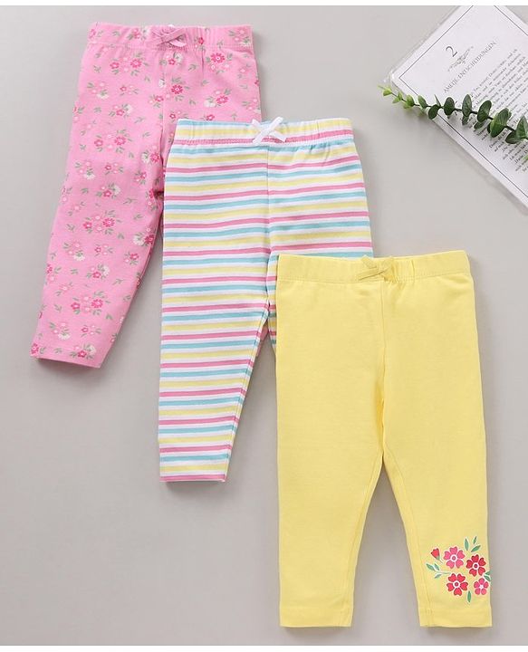 Babyhug Cotton Lycra Full Length Leggings Printed & Stripes Pack of 3 - Yellow Pink Green