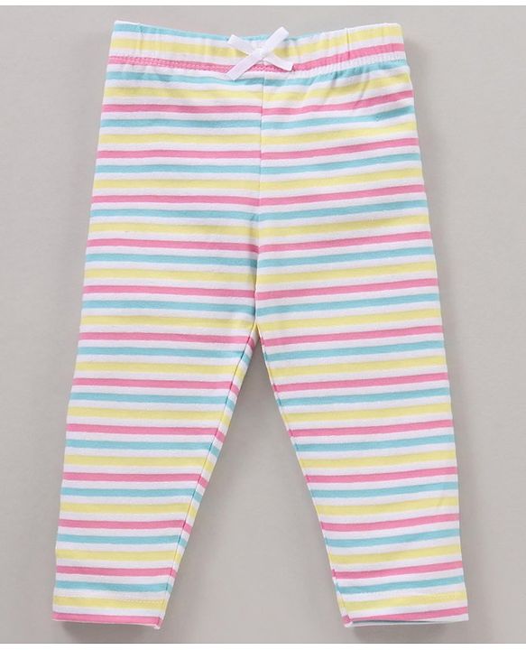 Babyhug Cotton Lycra Full Length Leggings Printed & Stripes Pack of 3 - Yellow Pink Green