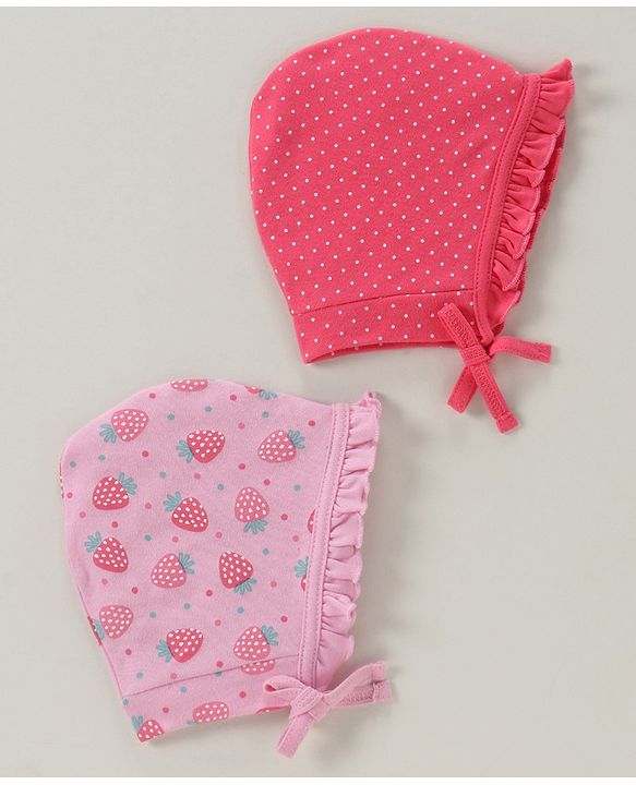 Babyhug 100% Cotton Cap Kitty And Stripes Print Pack of 2 - Pink