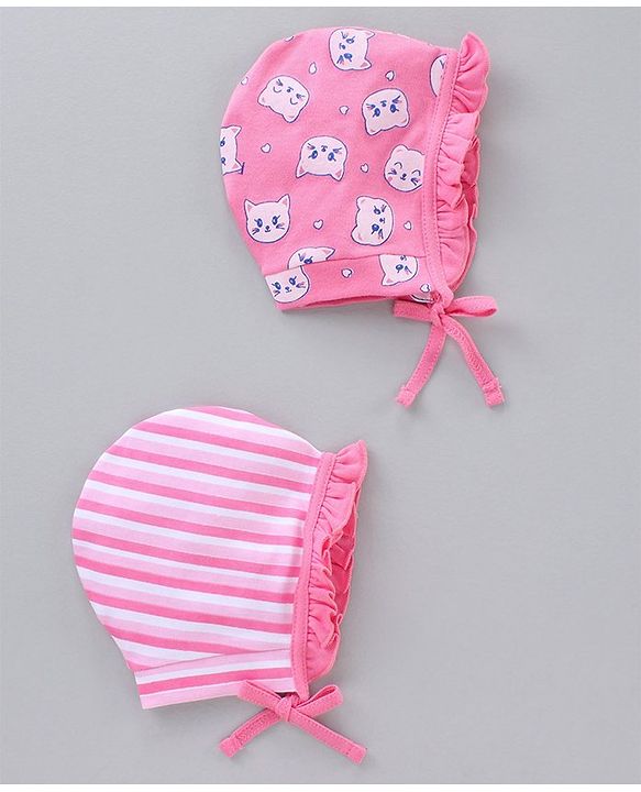 Babyhug 100% Cotton Caps With Knot Stripe & Kitty Face Prints Pack Of 2 Pink - Diameter 6.5 cm
