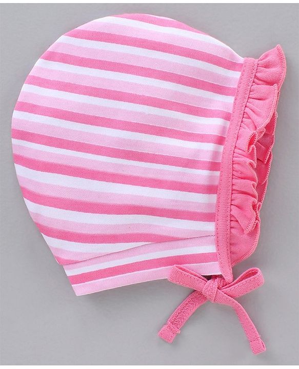 Babyhug 100% Cotton Caps With Knot Stripe & Kitty Face Prints Pack Of 2 Pink - Diameter 6.5 cm