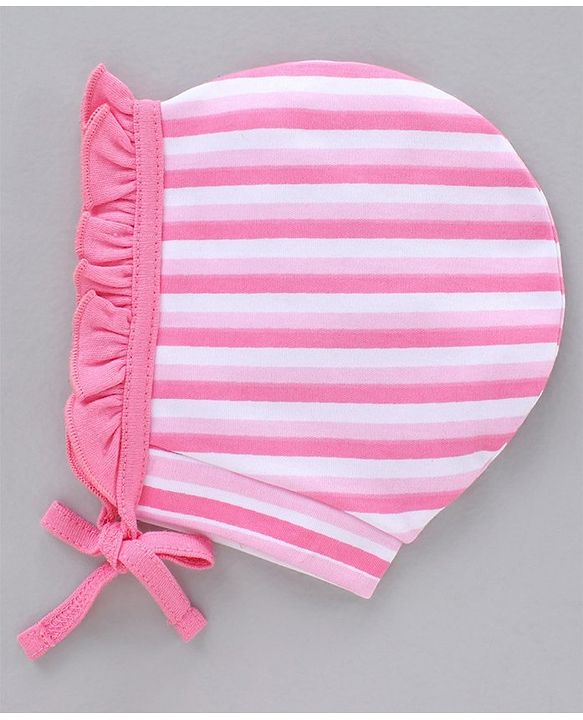 Babyhug 100% Cotton Caps With Knot Stripe & Kitty Face Prints Pack Of 2 Pink - Diameter 6.5 cm
