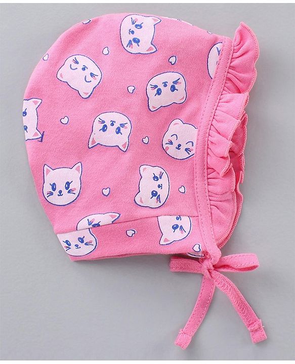 Babyhug 100% Cotton Caps With Knot Stripe & Kitty Face Prints Pack Of 2 Pink - Diameter 6.5 cm