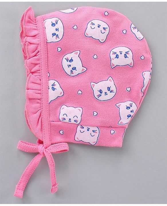 Babyhug 100% Cotton Caps With Knot Stripe & Kitty Face Prints Pack Of 2 Pink - Diameter 6.5 cm
