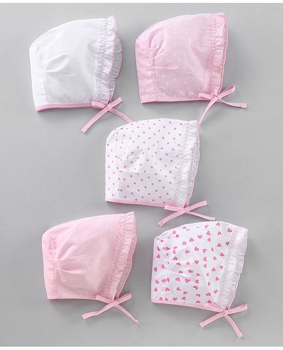 Babyhug Cotton Solid & Polka Dots Printed Caps With Knot Pack Of 5 White Pink - Diameter 10 cm
