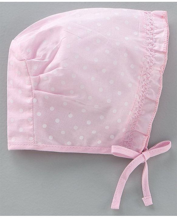 Babyhug Cotton Solid & Polka Dots Printed Caps With Knot Pack Of 5 White Pink - Diameter 10 cm