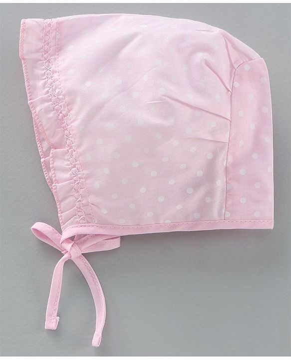 Babyhug Cotton Solid & Polka Dots Printed Caps With Knot Pack Of 5 White Pink - Diameter 10 cm