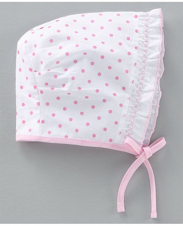 Babyhug Cotton Solid & Polka Dots Printed Caps With Knot Pack Of 5 White Pink - Diameter 10 cm
