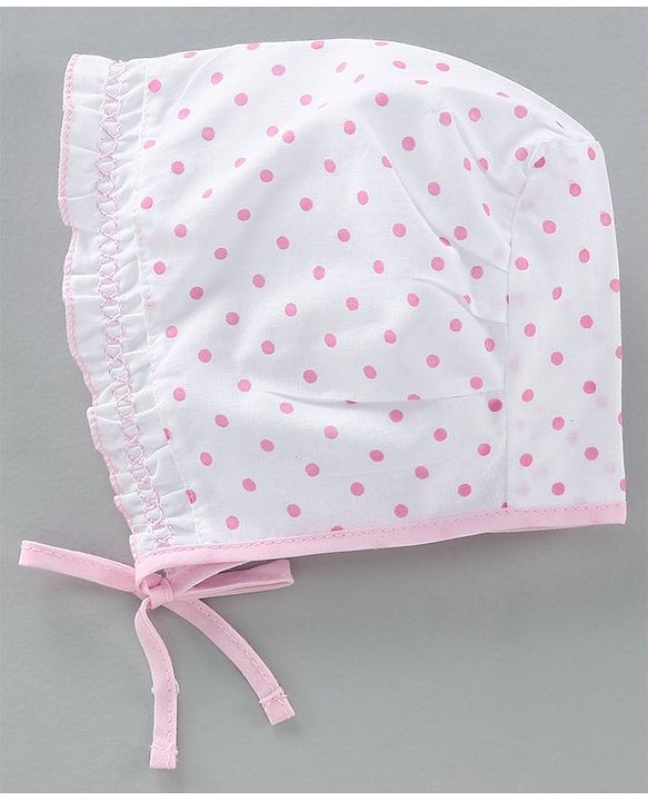 Babyhug Cotton Solid & Polka Dots Printed Caps With Knot Pack Of 5 White Pink - Diameter 10 cm