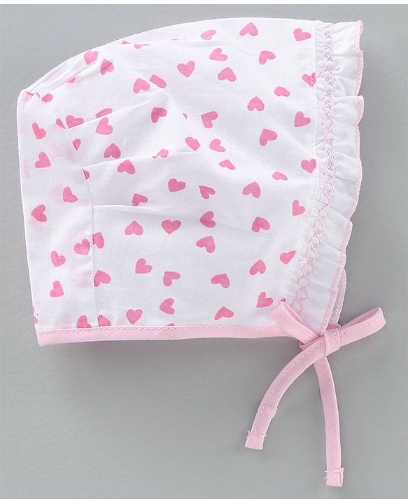 Babyhug Cotton Solid & Polka Dots Printed Caps With Knot Pack Of 5 White Pink - Diameter 10 cm