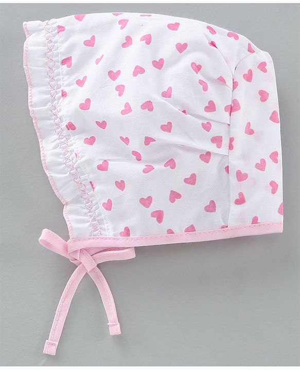 Babyhug Cotton Solid & Polka Dots Printed Caps With Knot Pack Of 5 White Pink - Diameter 10 cm