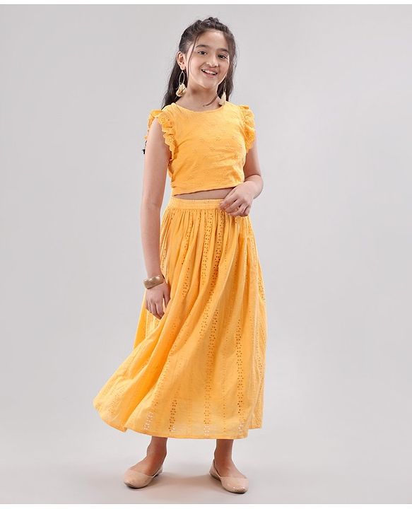 Pine Kids Sleeveless Top & Skirt Set With Schiffli Embroidery - Yellow