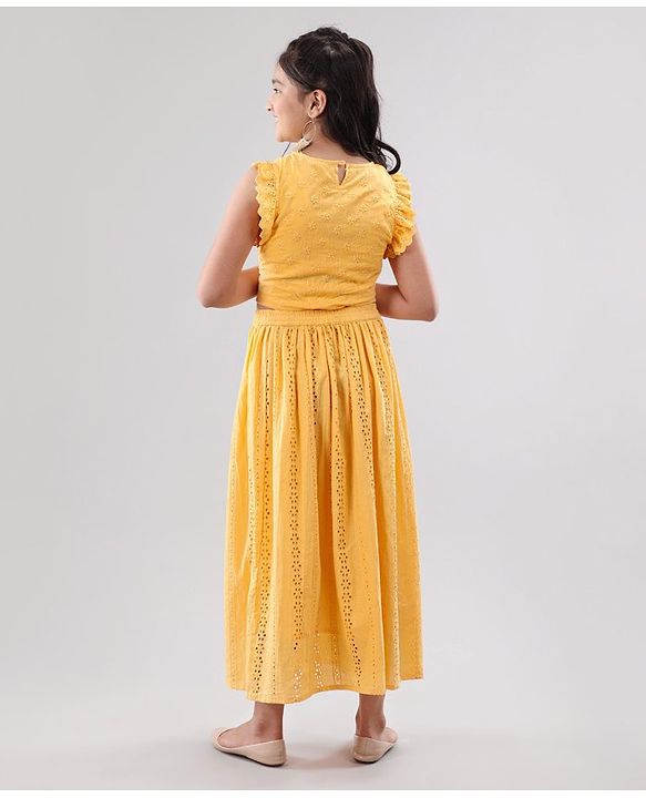 Pine Kids Sleeveless Top & Skirt Set With Schiffli Embroidery - Yellow