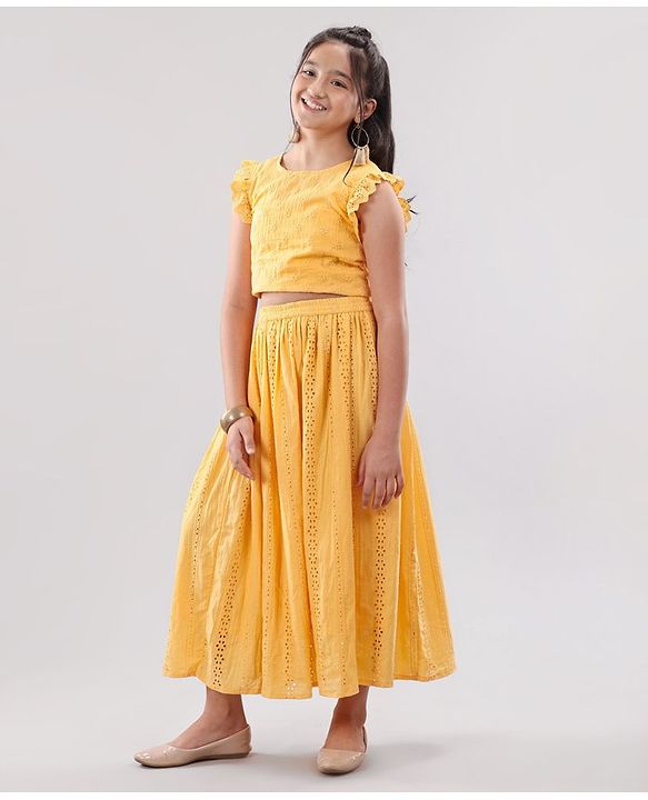 Pine Kids Sleeveless Top & Skirt Set With Schiffli Embroidery - Yellow