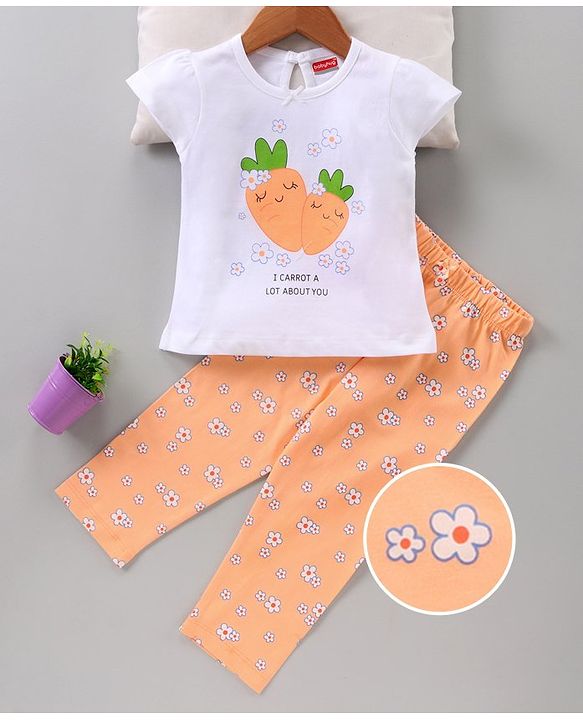 Babyhug Cap Sleeves Night Suit Carrot Print - White Peach