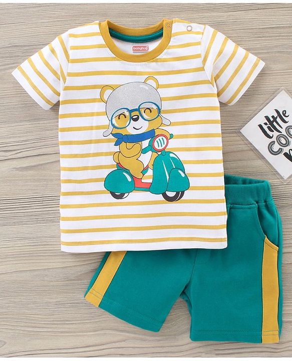 Babyhug Half Sleeve Striped T-Shirt And Knee Length Shorts Bear Print - Yellow Blue